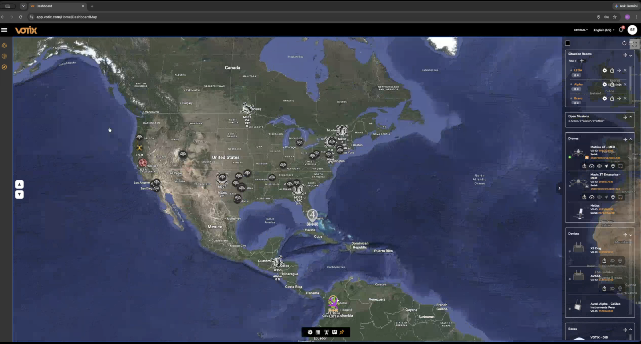 VOTIX Platform for Drone Programs VOTIX platform screenshot showing a wide satellite map of North America with location markers indicating drone program operations across multiple sites, with mission data panels on the right."