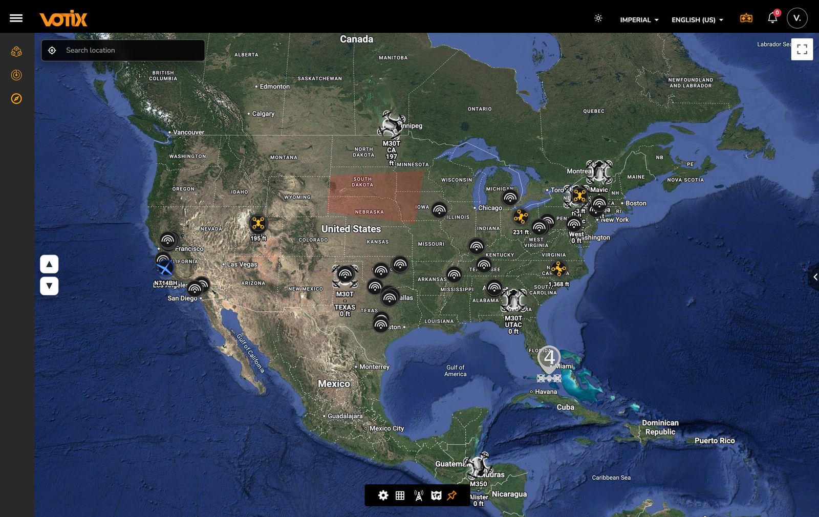 Map view of VOTIX platform showing live drone detections across North America powered by Dronetag