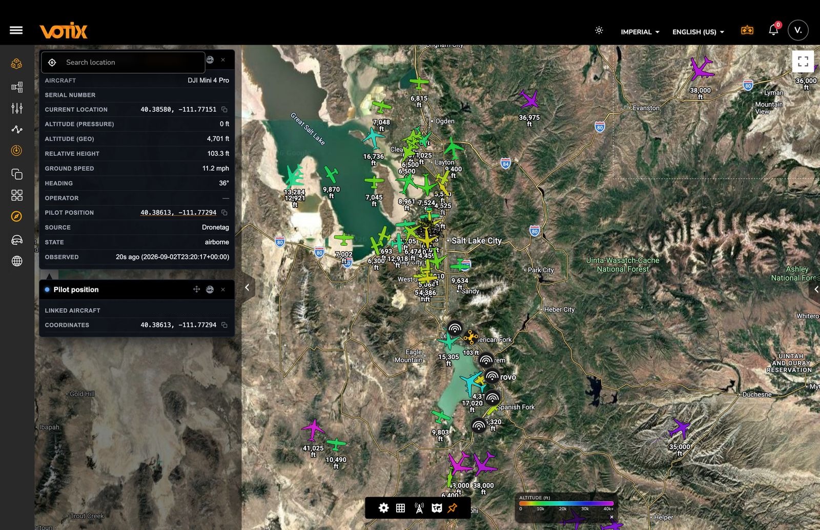 VOTIX platform showing detailed aircraft detection data sourced from Dronetag, including position, altitude, and pilot location